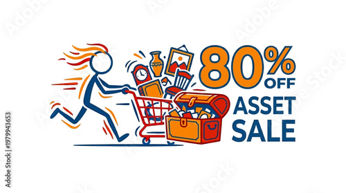 Asset Sale with 80% Off and Stick Figure Running with Cart