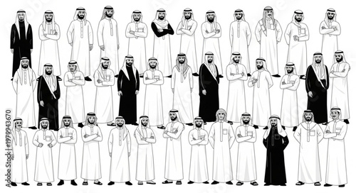 Group of Saudi Arabian men in traditional attire, standing together.