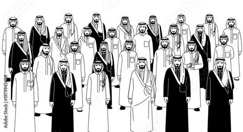 Group of Saudi Arabian men in traditional attire standing together.