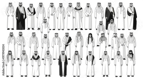 Group of Saudi Arabian men in traditional attire, standing together.