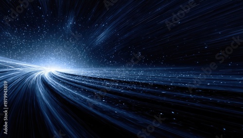 Abstract Blue Light Streaks Speeding Through Dark Space.