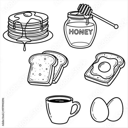 Line art illustration of a breakfast table with pancakes toast fried egg honey coffee food and drink breakfast time start of day domestic life breakfast pancakes illustration