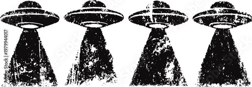 Four vintage ufo silhouettes with light beams, retro alien spaceship design sketch