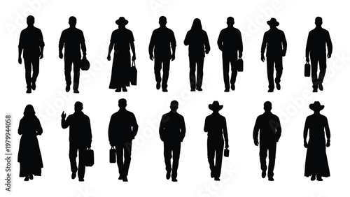 A collection of silhouetted figures predominantly people walking showcasing diverse attire and postures against a white background high quality professional detailed