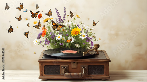 Butterflies flying from blossoming flowers embedded in a vintage record player. Surreal spring concept with music and nature.
