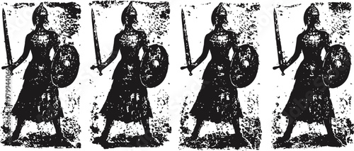 medieval warrior silhouette set knight with sword and shield in battle stance historic armor, vintage figures