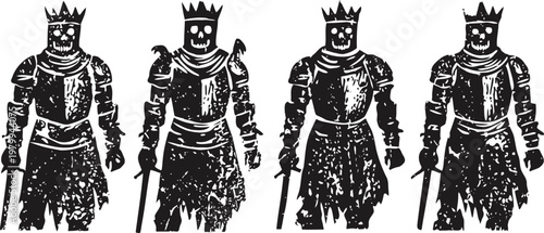 medieval knights in armor with crowns holding swords, vintage stencil illustration set