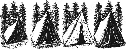 Four black and white camping tents with pine tree silhouettes in the background