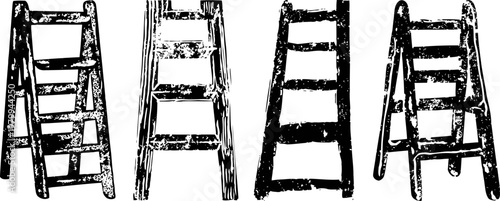 Four vintage wooden ladders in varying styles and heights, black and white sketch illustration