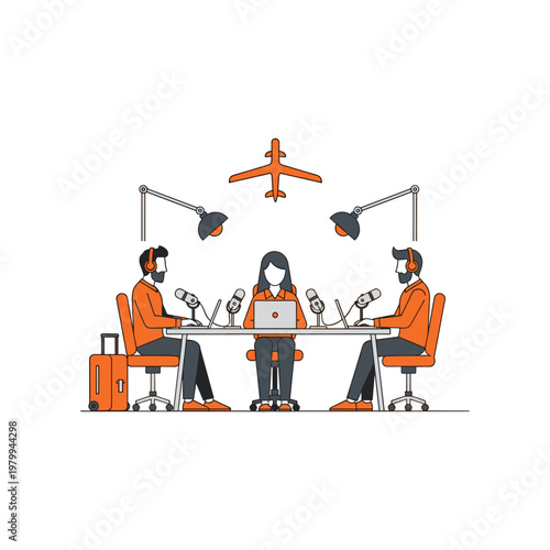 Three hosts engaged in a live podcast discussion with aviation theme elements.