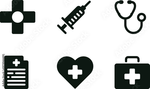 Essential medical health care symbols including syringe stethoscope cross heart and emergency briefcase for clinical use
