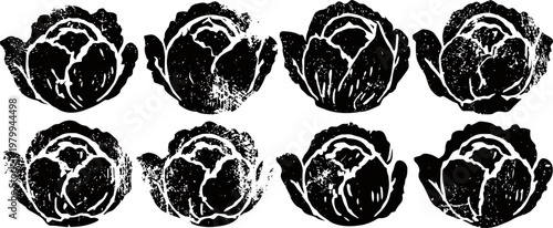 Black cabbage heads pattern vintage rustic vegetable print with textured effect
