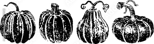 four decorative gourds with varied shapes and textures in black and white illustration