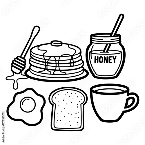 Breakfast icons: stack of pancakes with syrup fried egg toast honey jar hot coffee mug syrup drizzle hot drink line art white background food and drink comfort food pancake stack