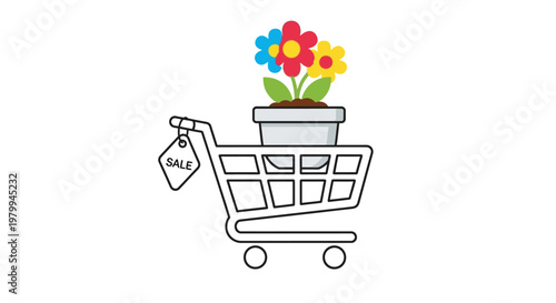 Shopping cart with colorful flower pot.