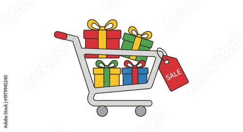 Shopping cart with colorful gift boxes.