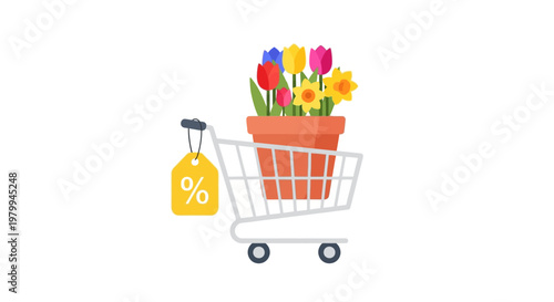 Shopping cart with colorful flower pot.