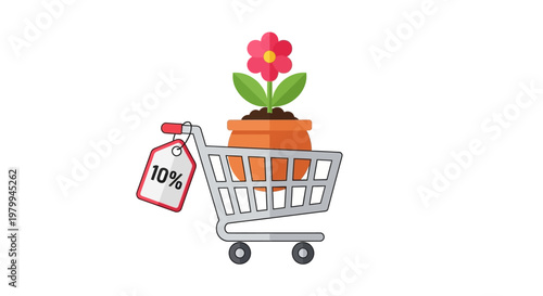 Shopping cart with discount tag flower.