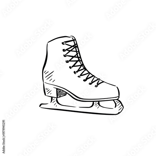 Photography An ice skate, drawn by hand in black and white. Side profile.