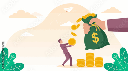 Financial growth and success concept with businessman receiving money from dollar bag