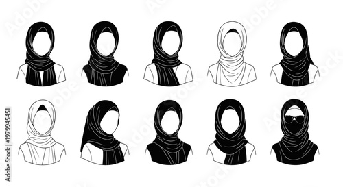 Collection of Muslim Woman Hijab Styles Silhouette Icons