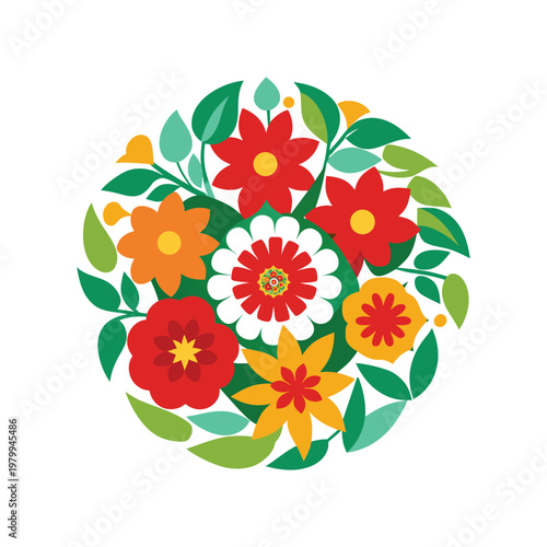 Circular bouquet composed of stylized flowers