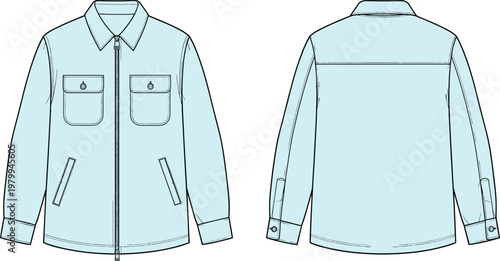 Utility shirt jacket front and back view illustration, casual workwear apparel design with pockets, modern clothing vector template for fashion mockup and branding