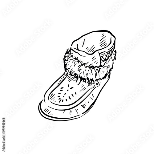 A hand drawn Mukluk boot, indigenous style from the Americas. Drawn in black line. 