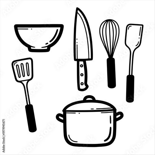 Set of hand-drawn kitchen utensils and cooking pot silhouette with black and white kitchen tool utensils illustration kitchenware equipment domestic handmade instrument implement