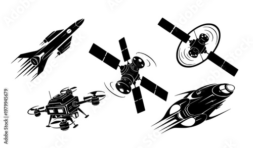 Stylized futuristic spacecraft and satellite silhouettes with dynamic angles for space exploration concepts isolated vector