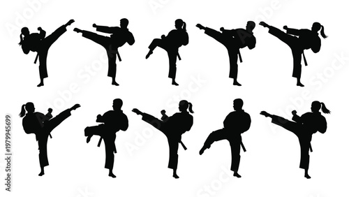 A collection of silhouettes depicts various martial arts poses primarily showcasing dynamic kicking techniques and forms high quality professional detailed modern