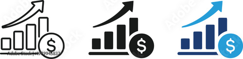 Financial growth icons bar graphs with rising arrows and currency