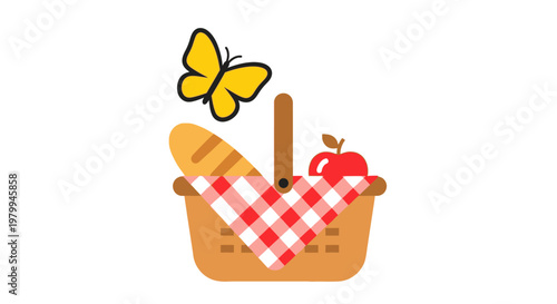Picnic basket with bread and apple.