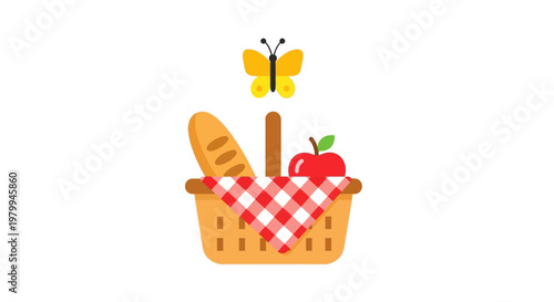 Picnic basket with bread and apple.