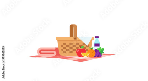 Picnic basket with food items outside.