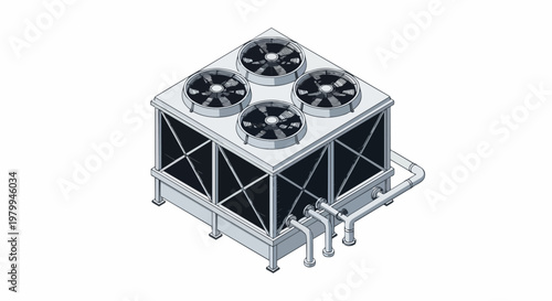 Isometric Industrial HVAC Chiller Unit and Cooling Tower with Four Fans