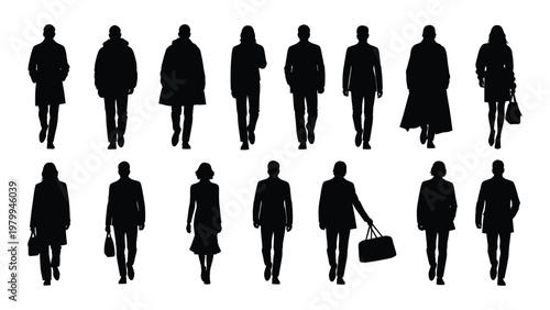 A collection of black silhouettes depicts thirteen people walking showcasing diverse clothing and postures against a white background high quality professional