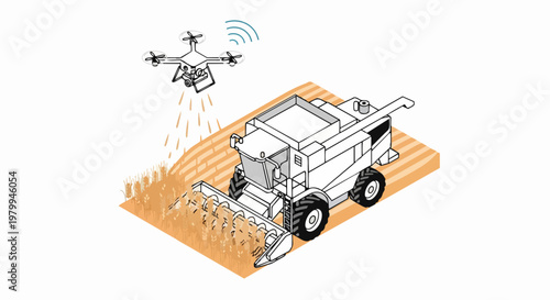 Smart Farming Concept with Autonomous Combine Harvester and Agriculture Drone Monitoring Wheat Field - Isometric Vector Illustration