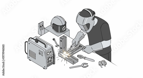 Isometric Illustration of a Professional Welder Working on Metal Fabrication in a Workshop with Welding Machine and Safety Equipment