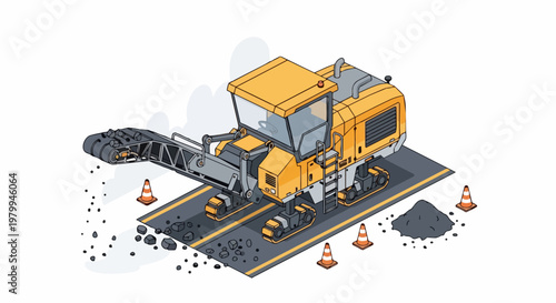 Isometric Illustration of a Yellow Heavy Duty Road Milling Machine and Asphalt Cold Planer for Pavement Construction and Maintenance