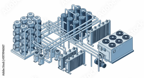 Isometric Industrial Cooling System and Chemical Processing Plant Illustration with Pipes, Tanks, and Heat Exchangers