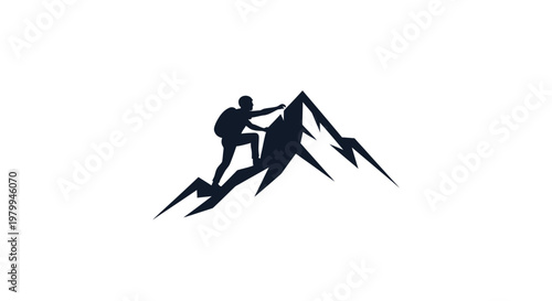 Person climbing mountain peak silhouette.