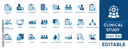 Clinical study icon set. Containing clinical trial, placebo, drug development, dosage, side effects, lab animal and more. Solid vector icons collection.
