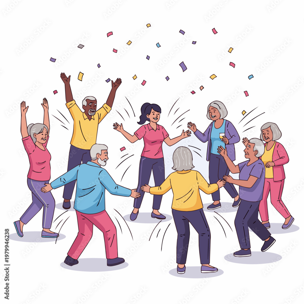 Obraz premium An energetic vector illustration of a diverse group of older adults and a therapist engaged in a lively, low-impact dance or movement session. Confetti and motion lines indicating movement. 