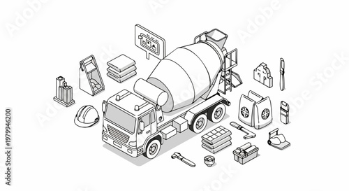 Isometric Concrete Mixer Truck and Construction Site Equipment Line Art Illustration, Set of Building Tools and Materials for Architectural Design and Coloring Book