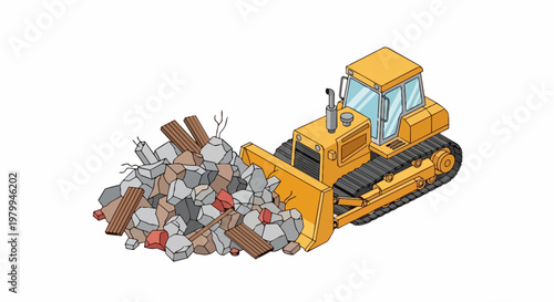 Isometric Yellow Bulldozer Clearing Demolition Rubble and Construction Debris, Heavy Equipment for Site Preparation Vector Illustration