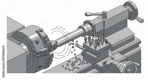 Metalworking Lathe Machine in Operation Cutting a Metal Cylinder with Flying Chips. Isometric Technical Drawing of Industrial Machining and Manufacturing Process.