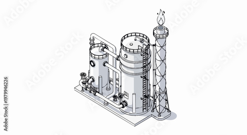 Isometric Oil Refinery and Industrial Plant Line Art Illustration with Flare Stack and Storage Tanks