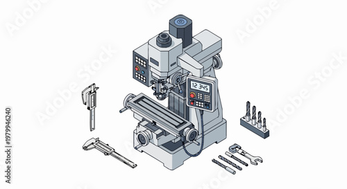 Isometric Milling Machine Illustration with Precision Machining Tools and Calipers for Industrial Manufacturing and Engineering Concepts
