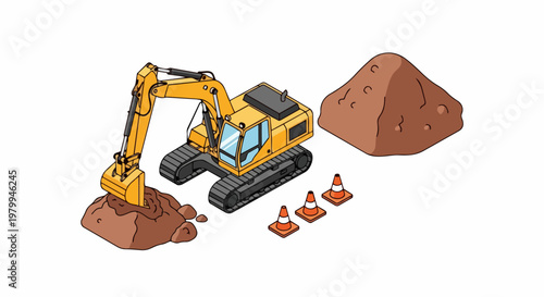 Isometric Yellow Excavator Digging Dirt with Soil Pile and Safety Cones Vector Illustration